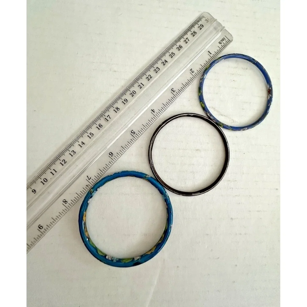 Cloisonne Bangle Bracelet Blue Aqua Floral Pink Metal Set of 3